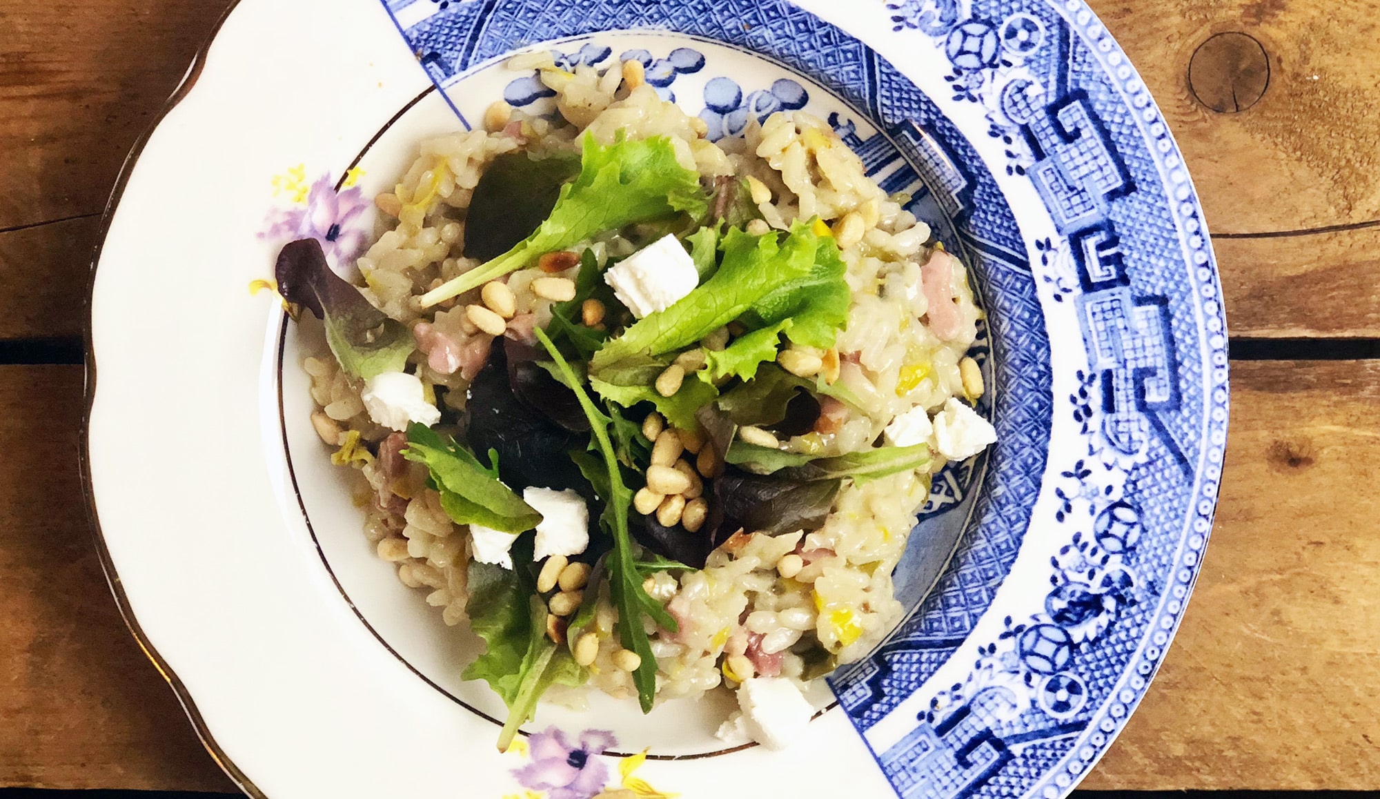 Risotto met geitenkaas, prei en spekjes