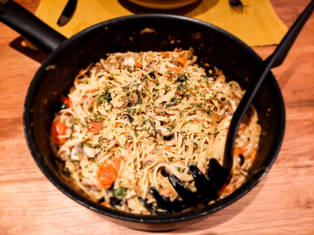 Eindresultaat van het recept pasta met champignons