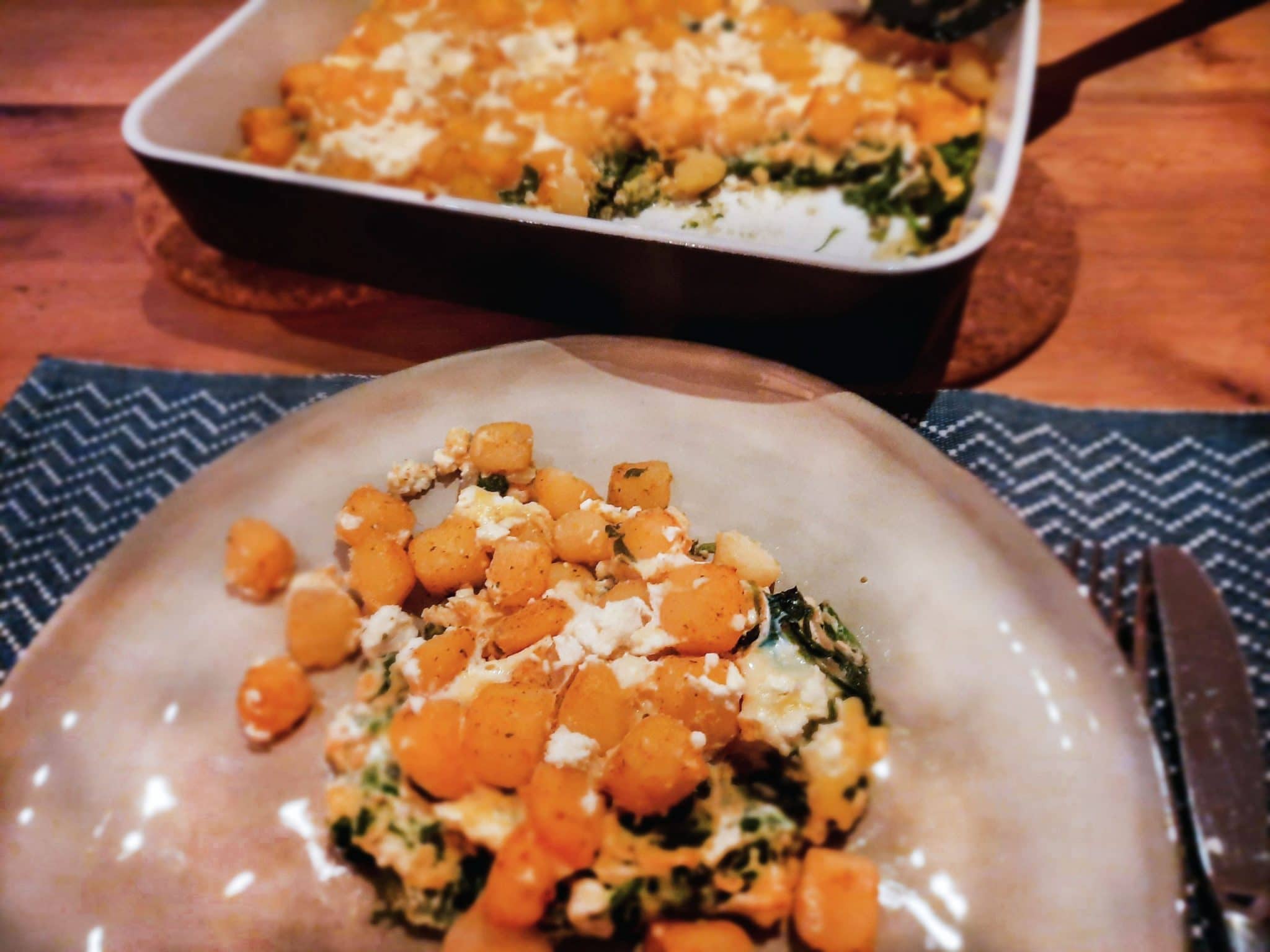 Vegetarische ovenschotel met spinazie, feta en aardappel