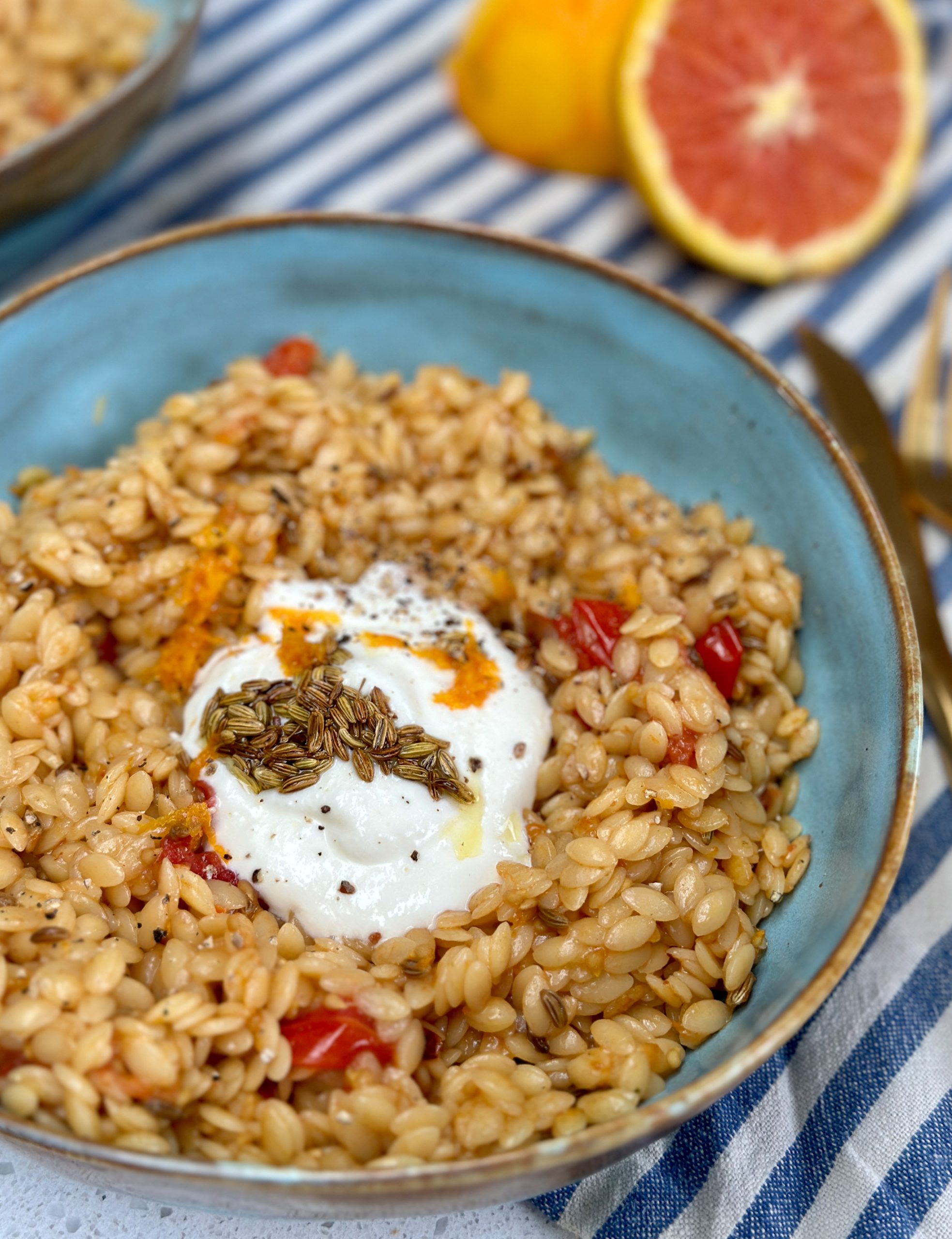 Orzo met burrata en bloedsinaasappel